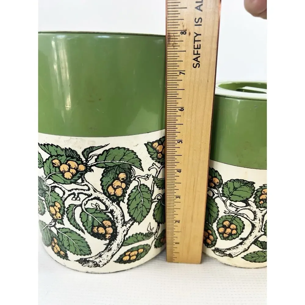 Vintage 70s Leaves & Fruit Kitchen Metal Canisters Nesting Green Cream READ